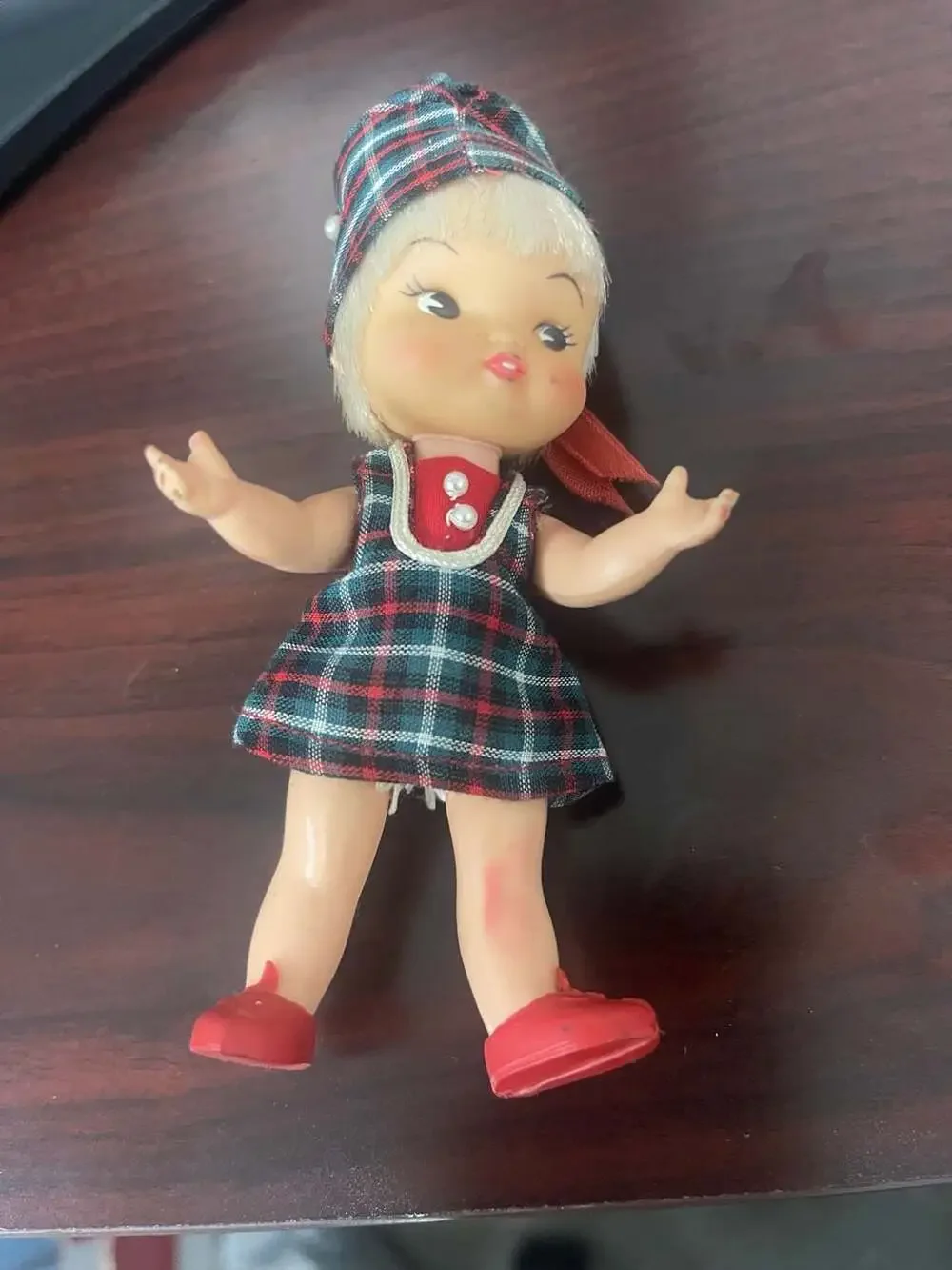 Vintage 1964 Remco Heidi Pocketbook Doll in Tartan Plaid Dress and Matching Hat